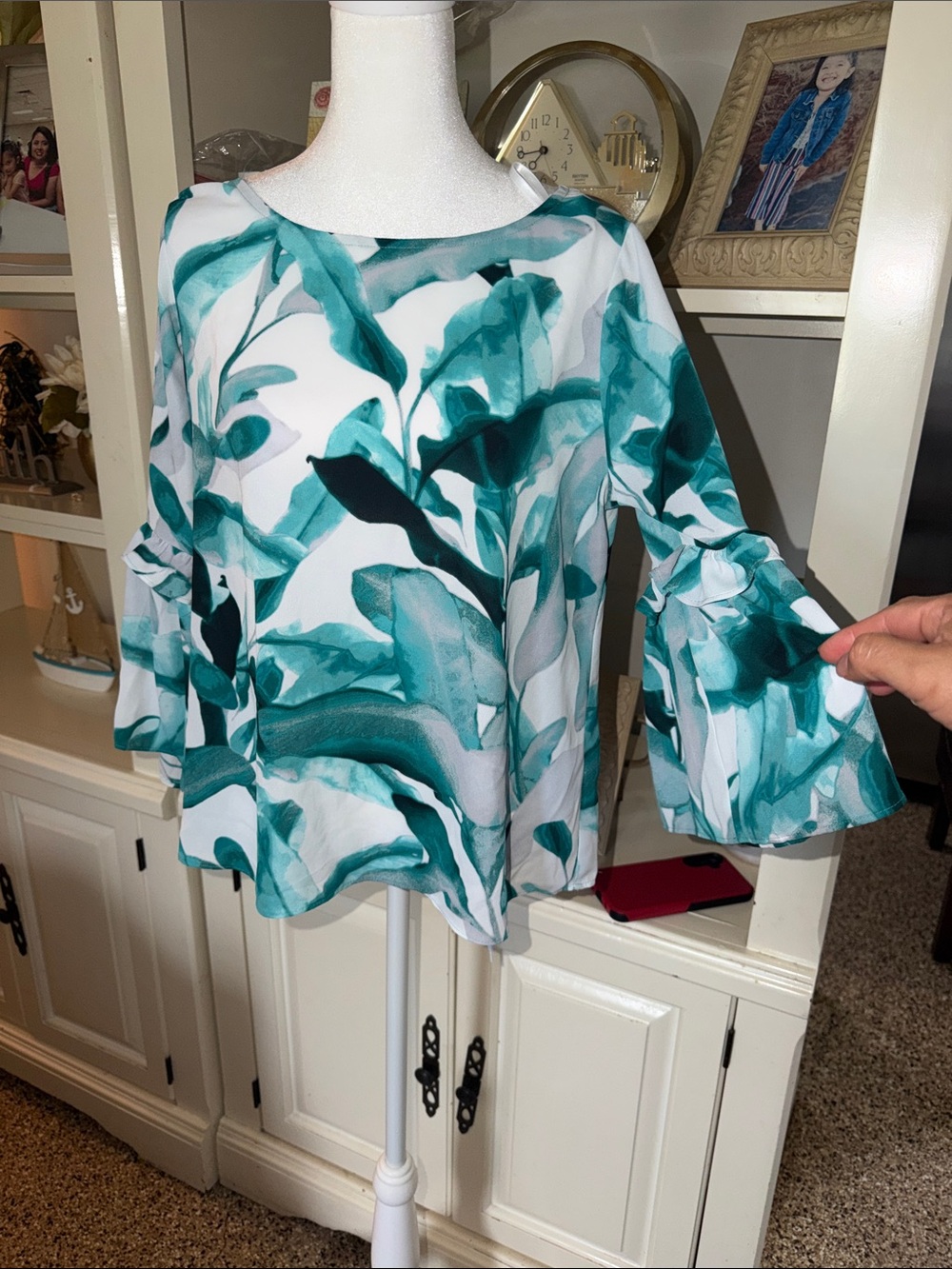 White House Black Market White and Teal Botanical Bell Sleeve Blouse